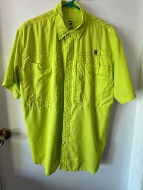 Reel Legends Men's Large Lime Yellow Short Sleeve Button-Up Fishing Pockets